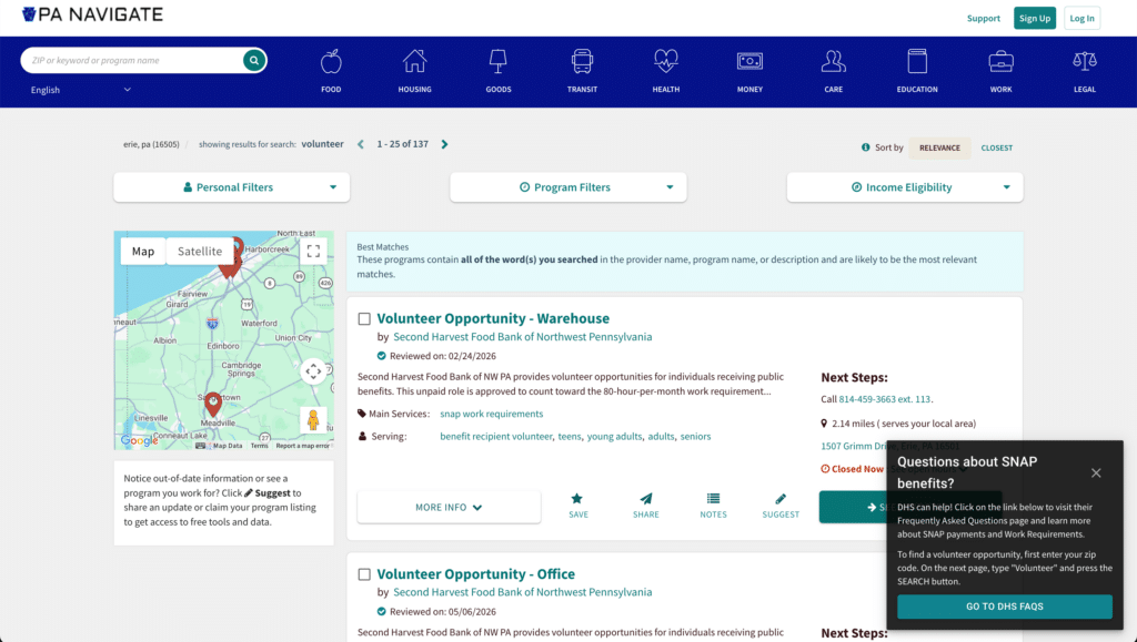 The Pennsylvania Department of Human Services (PA Navigate) uses the Findhelp platform for Medicaid volunteer fulfillment.