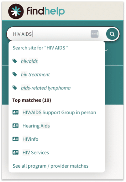 Screenshot of HIV/AIDS typeahead search