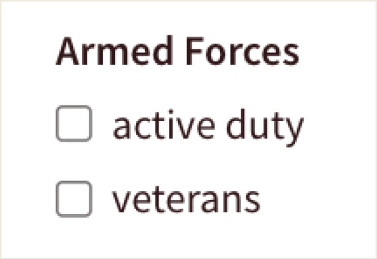 Armed forces-related filters on Findhelp